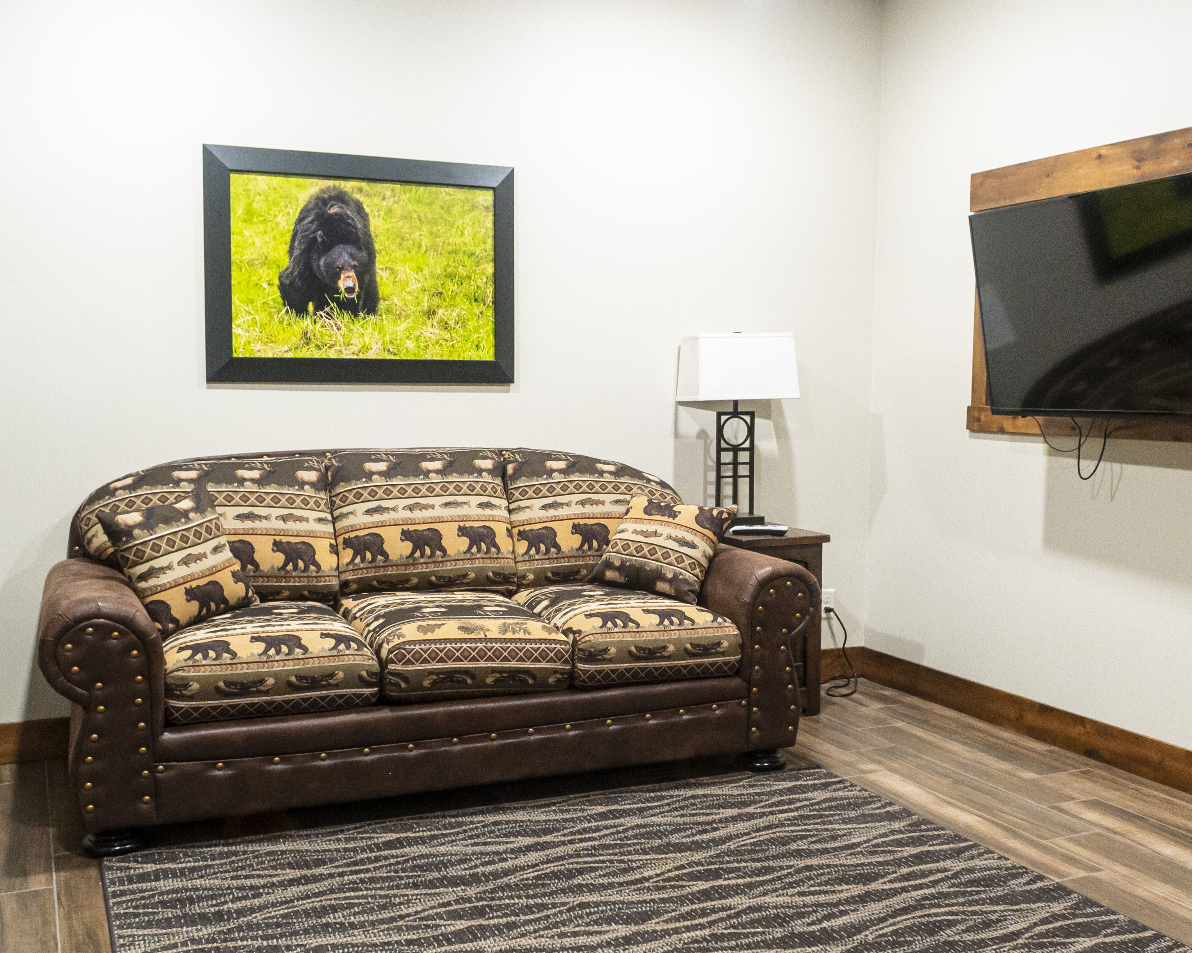 A living room with a patterned sofa, a framed picture of a dog, a lamp, and a TV mounted on the wall.