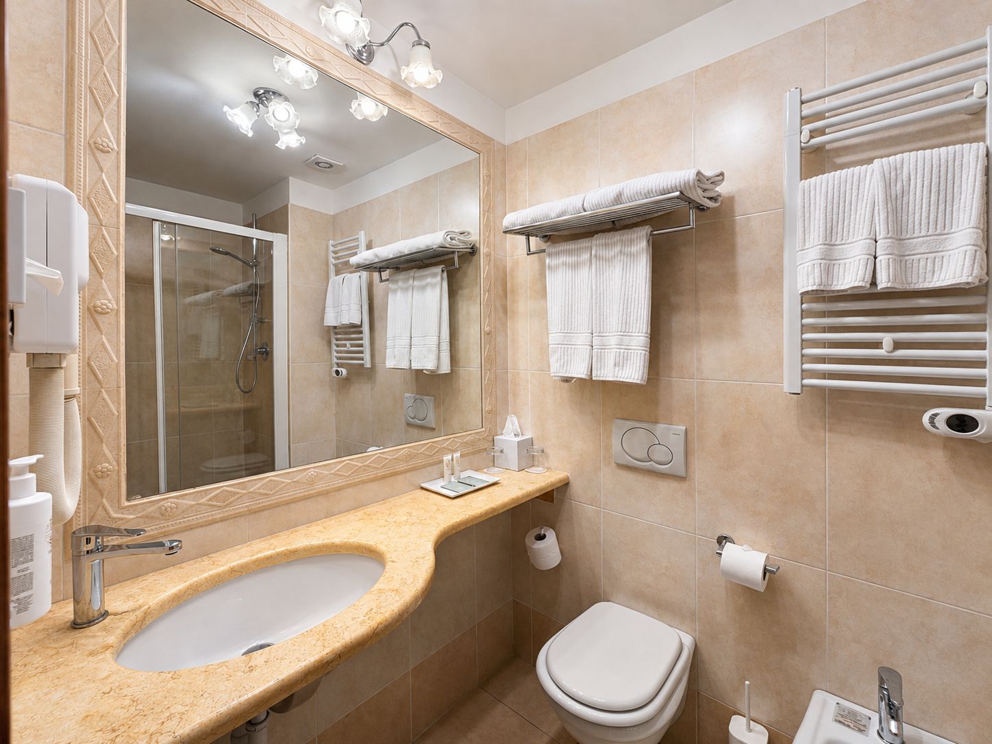 A bathroom with a sink, toilet, and towel racks.