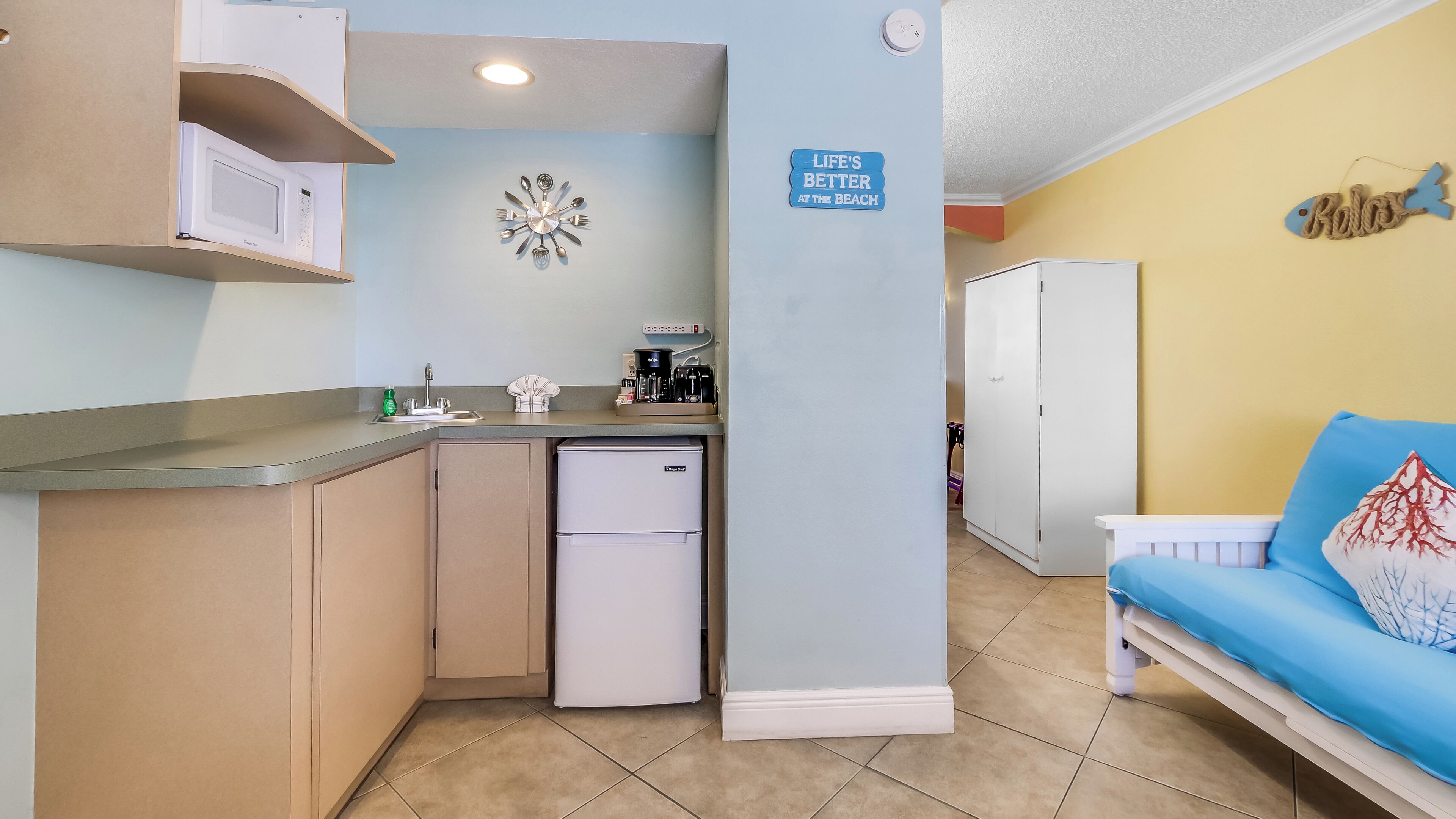 mini-fridge, microwave, coffee/tea maker, toaster