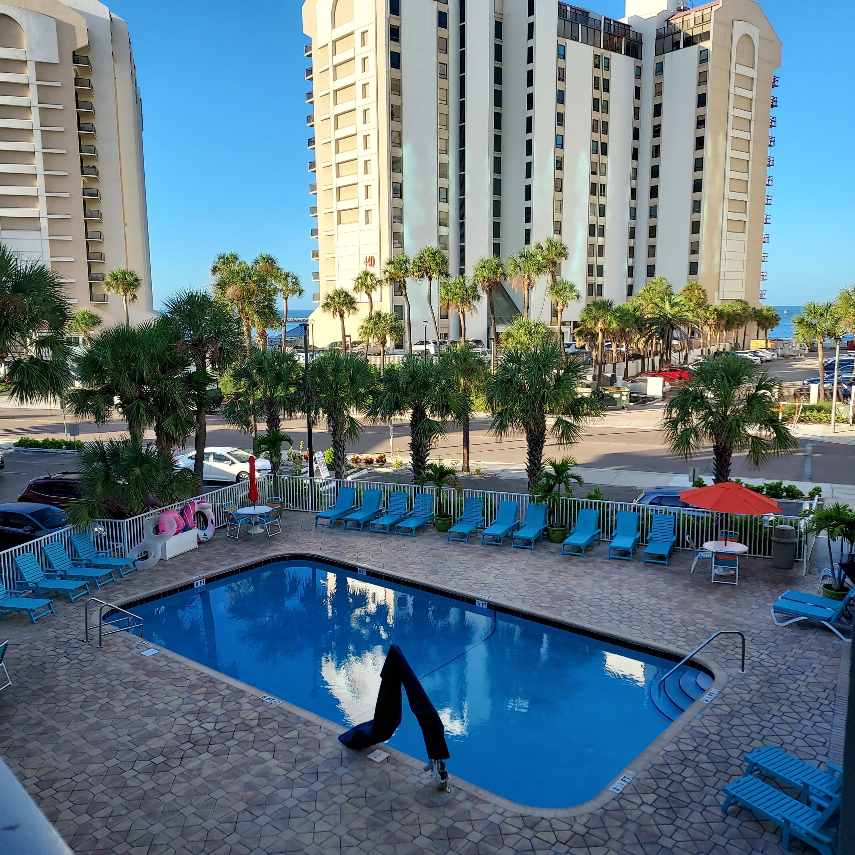 A pool area with blue lounge chairs, a swimming pool, and palm trees.