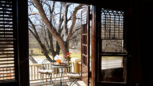 Une pièce avec vue sur un arbre et un espace patio comprenant une table et des chaises.