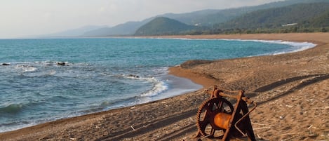 En la playa, sillas reclinables de playa, sombrillas, snorkel