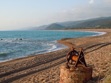 En la playa, sillas reclinables de playa, sombrillas, snorkel