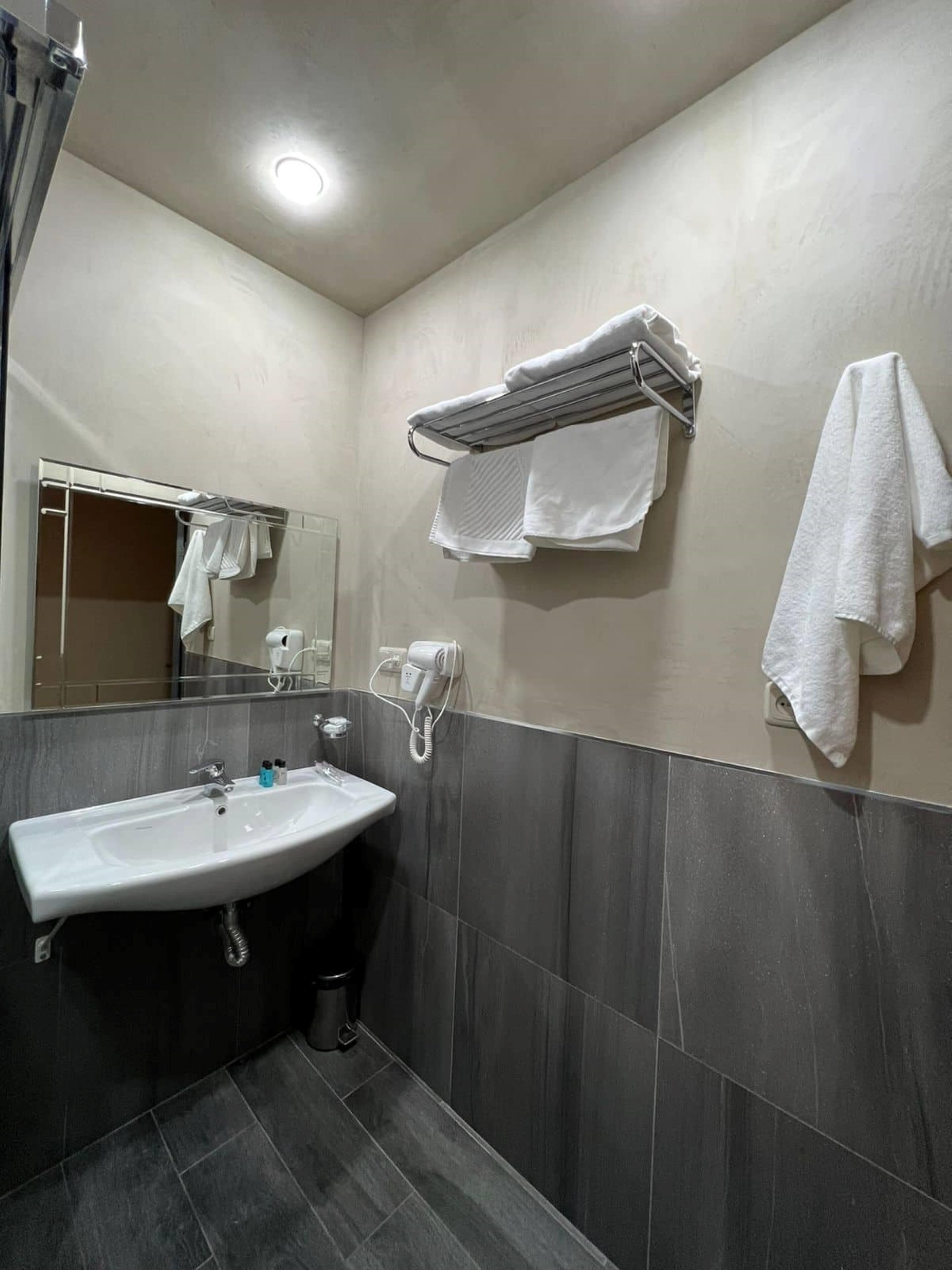 Un baño moderno con lavabo, espejo, toallero y secador de pelo.