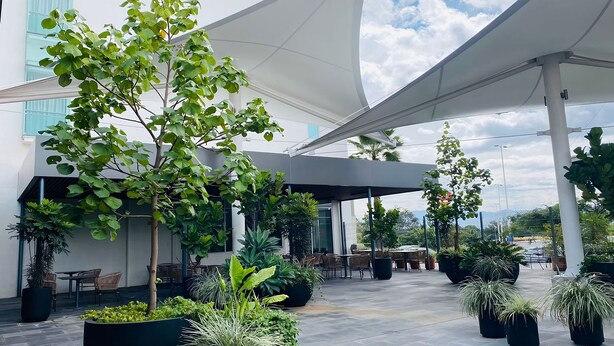 An outdoor patio area with a covered seating area, potted plants, and a view of the sky. - Holiday Inn Express Guadalajara Iteso by IHG (Tlaquepaque)