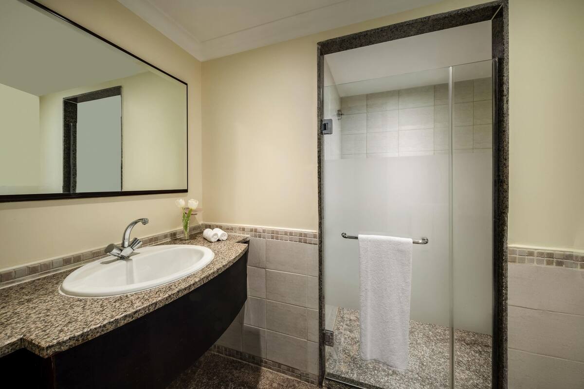 Een badkamer met een wastafel, spiegel en douche.