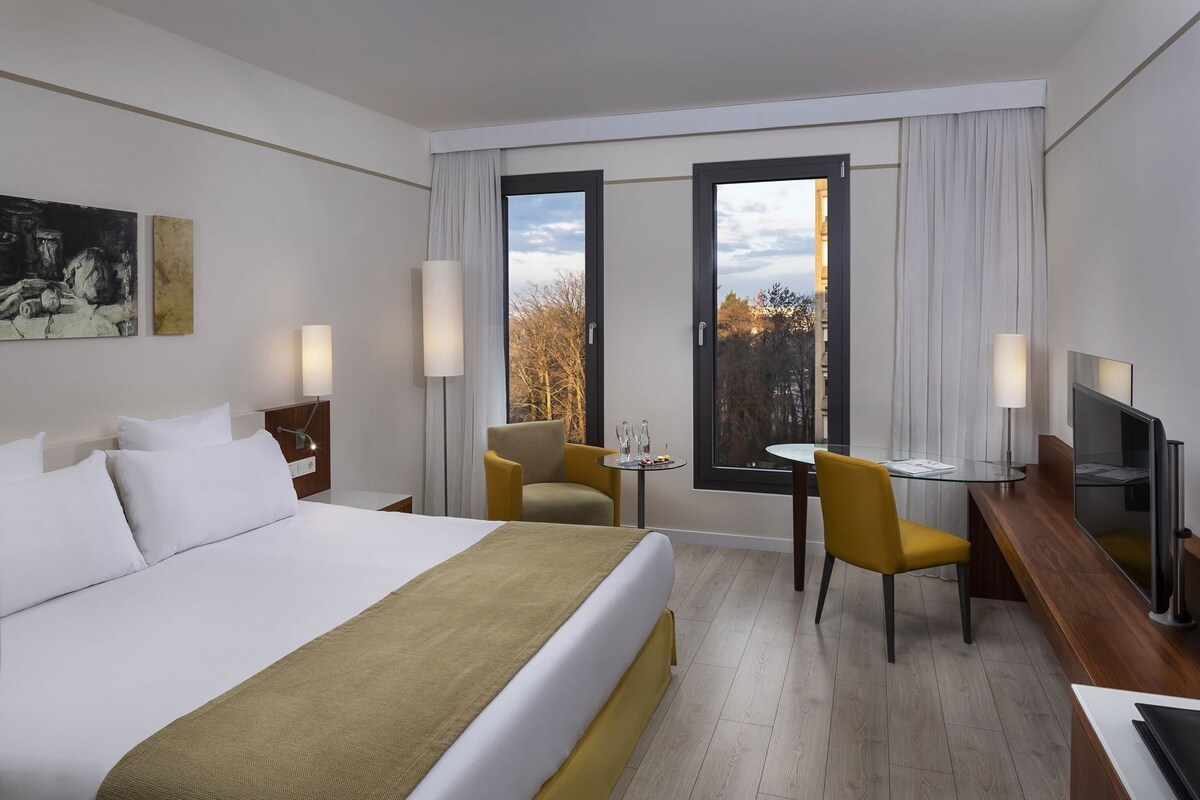 Ein Hotelzimmer mit einem Bett, einem Schreibtisch mit Stuhl, einem Fernseher und einem Fenster mit Vorhängen.