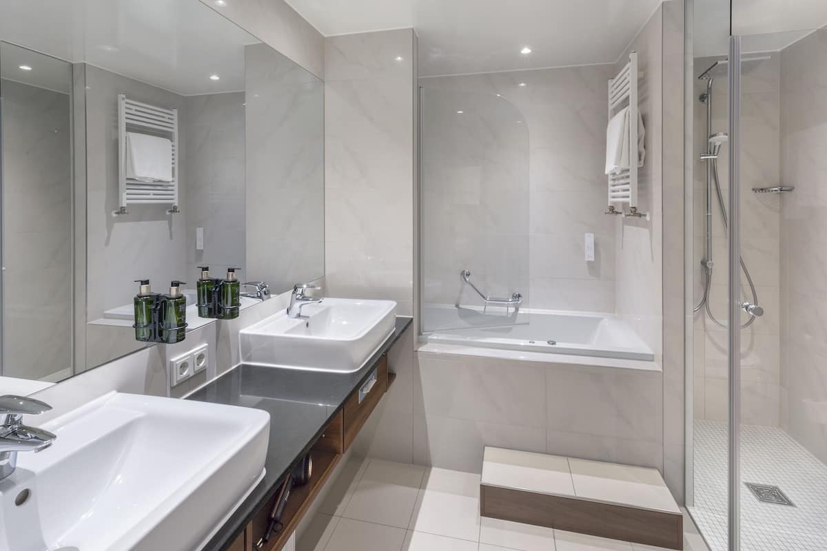 shower, designer toiletries, hair dryer, bathrobes