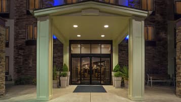 A building entrance with a stone facade, a covered entrance area, and potted plants.