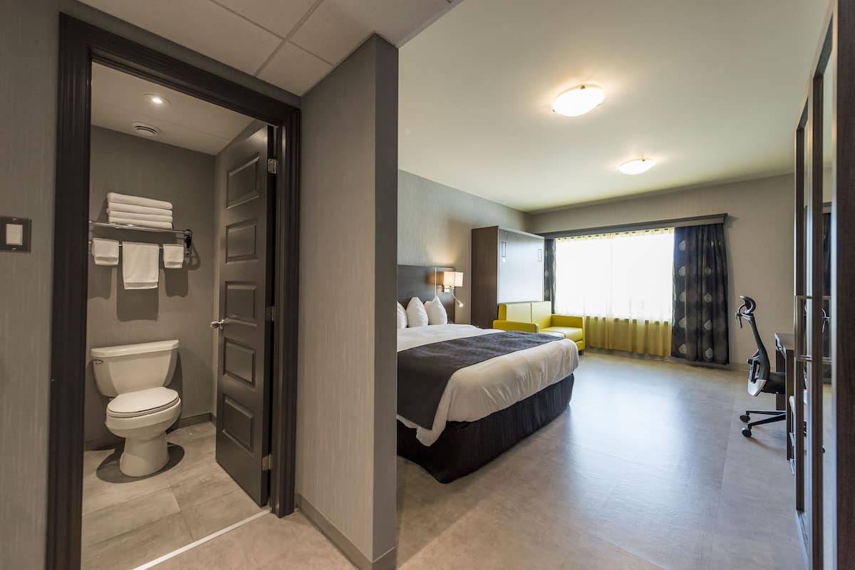 Une chambre d’hôtel équipée de toilettes, d’un lit, d’une chaise et d’un bureau.