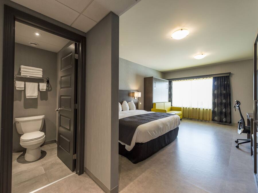 A hotel room with a toilet, a bed, a chair, and a desk.
