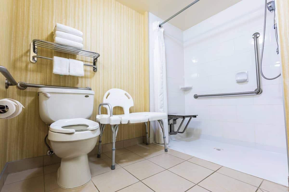 standard room, 1 king bed with sofa bed, mobility accessible (roll-in shower) | bathroom | combined shower/bathtub, free toiletries, hair dryer, towels