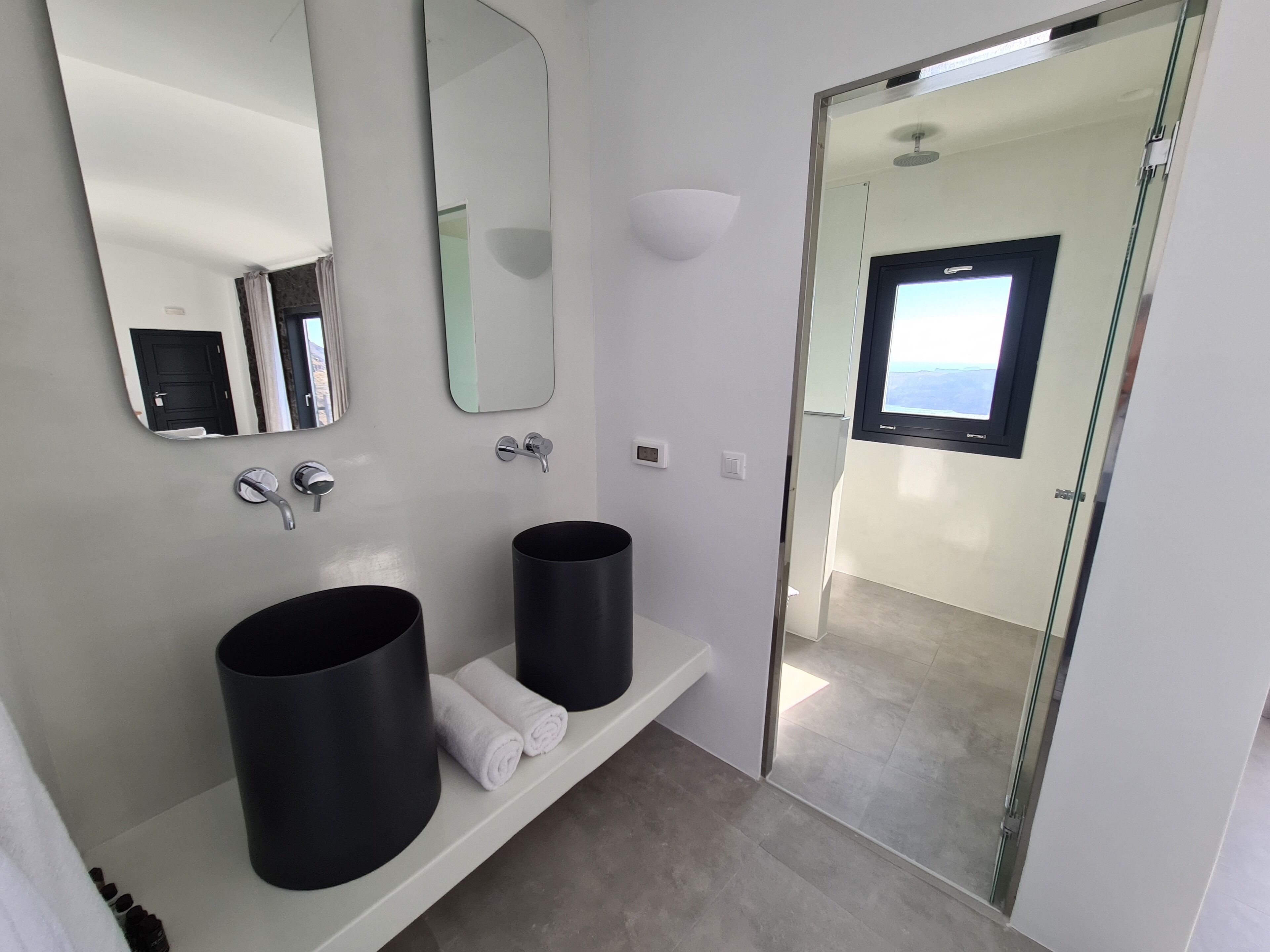 A modern bathroom with two black sinks, a large mirror, and a shower area visible through a glass door.