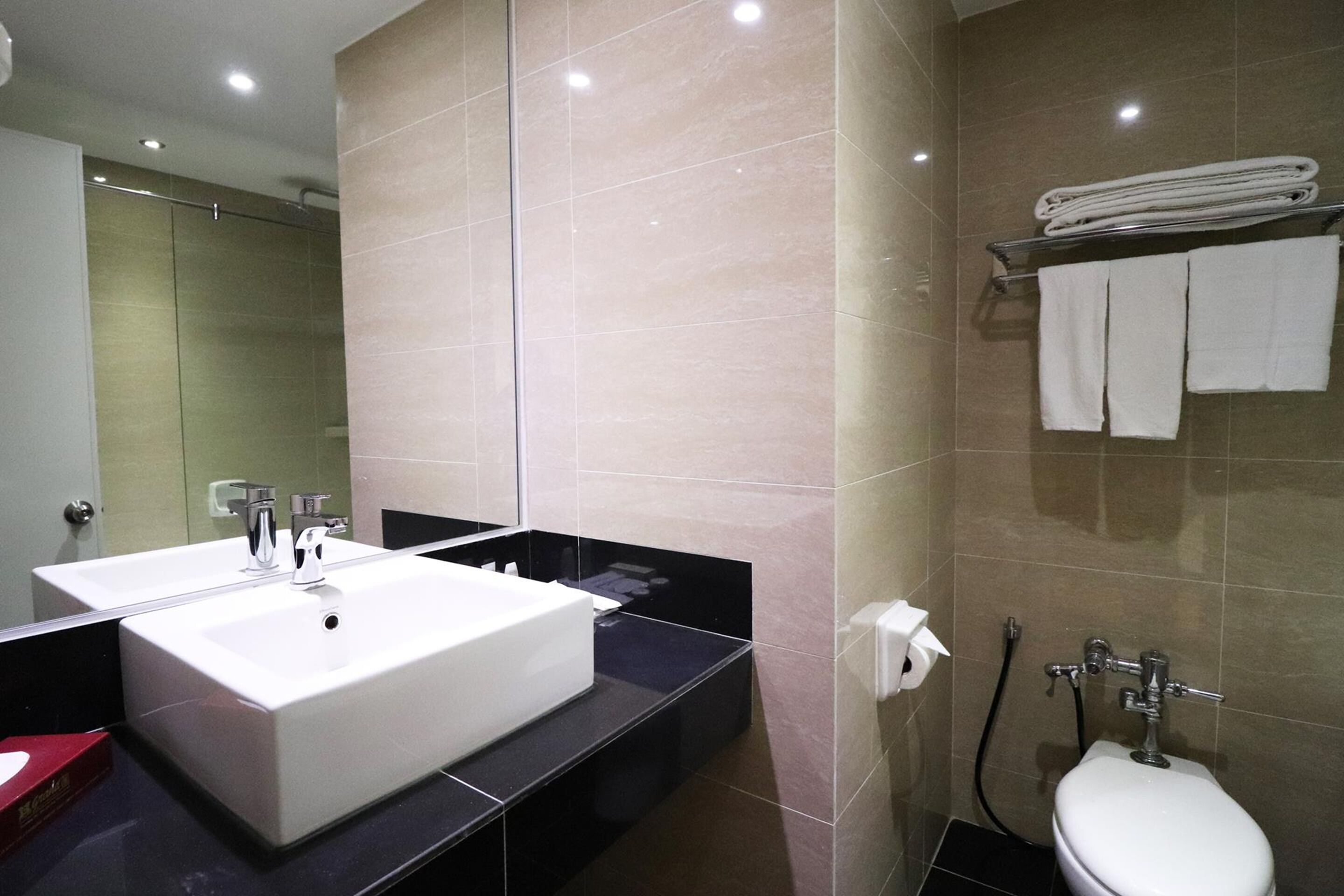 Een moderne badkamer met een groot wit wastafel, een spiegel, een toilet en een handdoekrek.