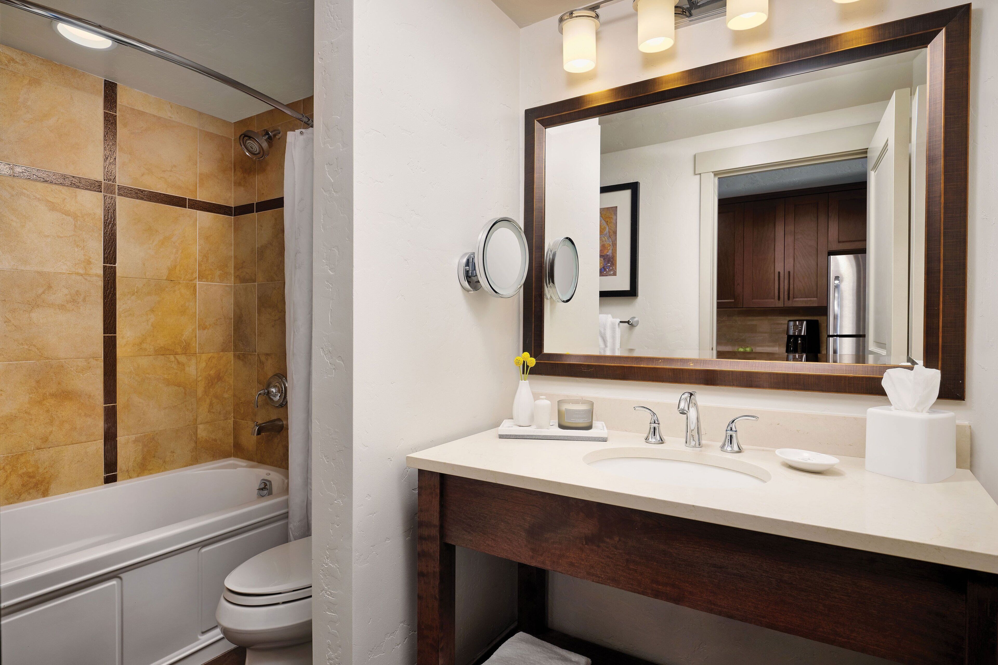 designer toiletries, hair dryer, bathrobes, towels