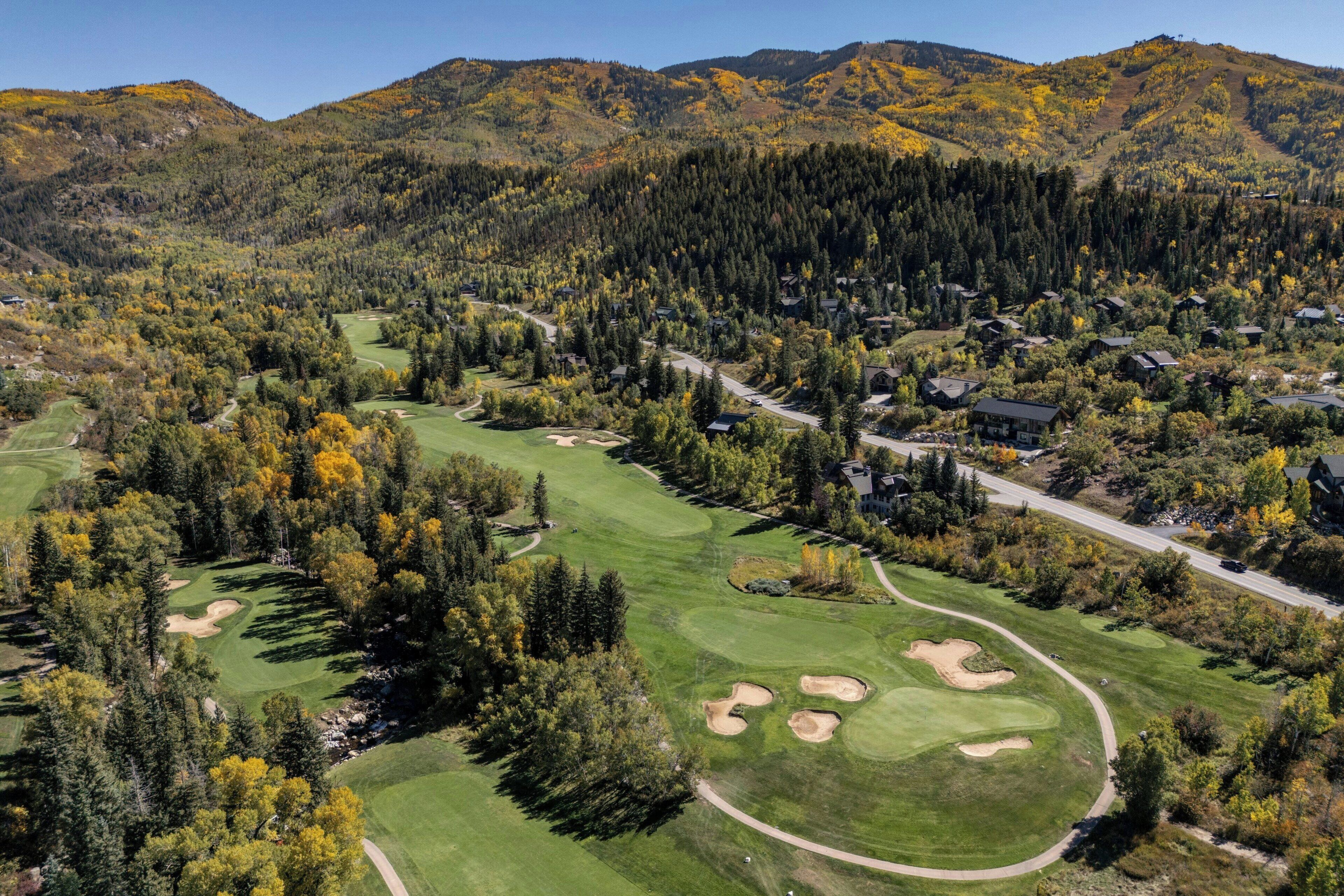 A golf course with a road running alongside it, surrounded by trees and houses.