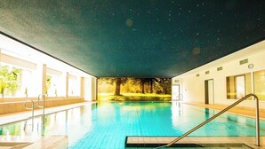 Una piscina interior con techo estrellado, paredes de vidrio transparente y vista a árboles fuera.