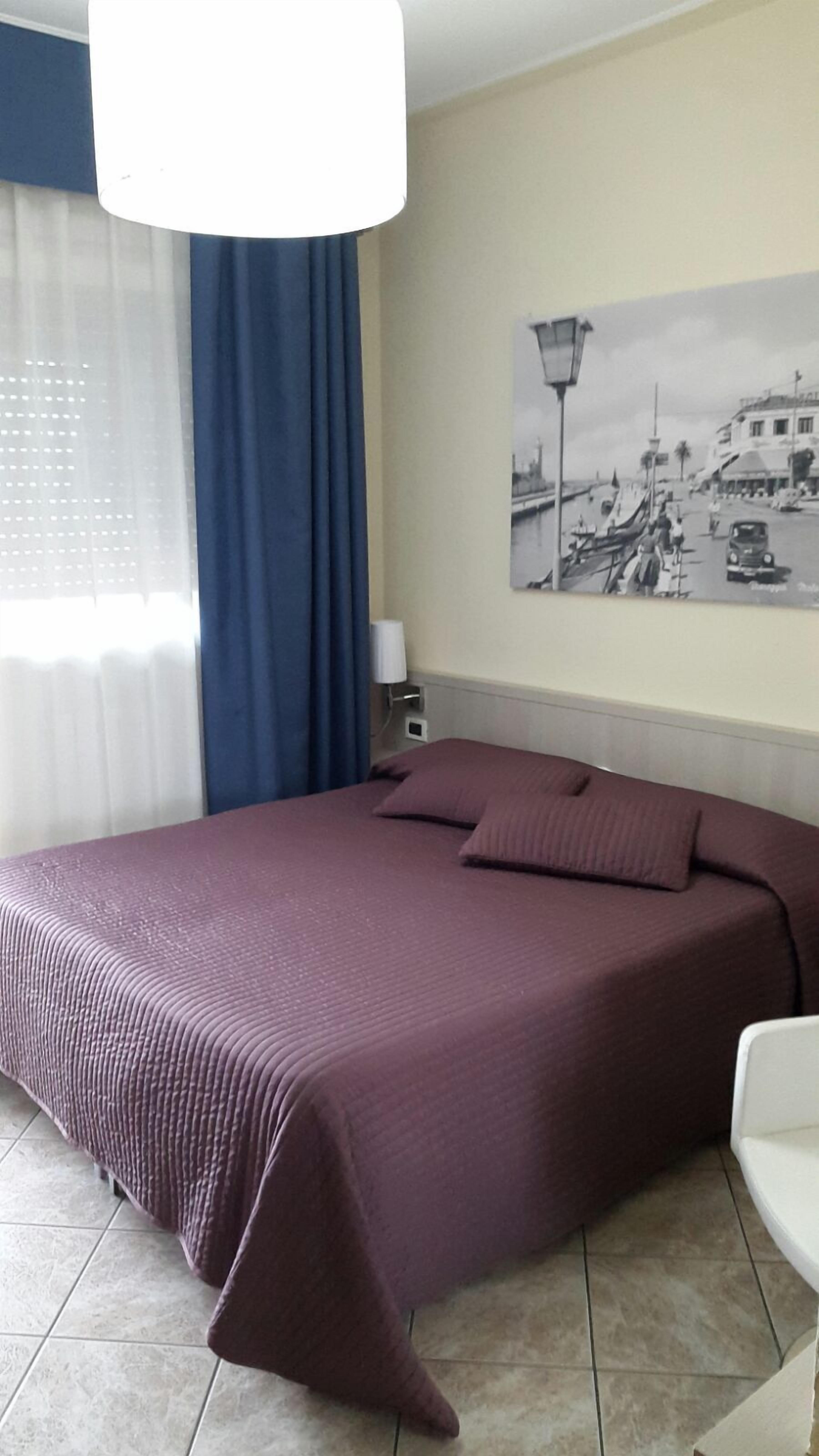 A hotel room with a large bed, a nightstand, a lamp, and a wall-mounted picture.