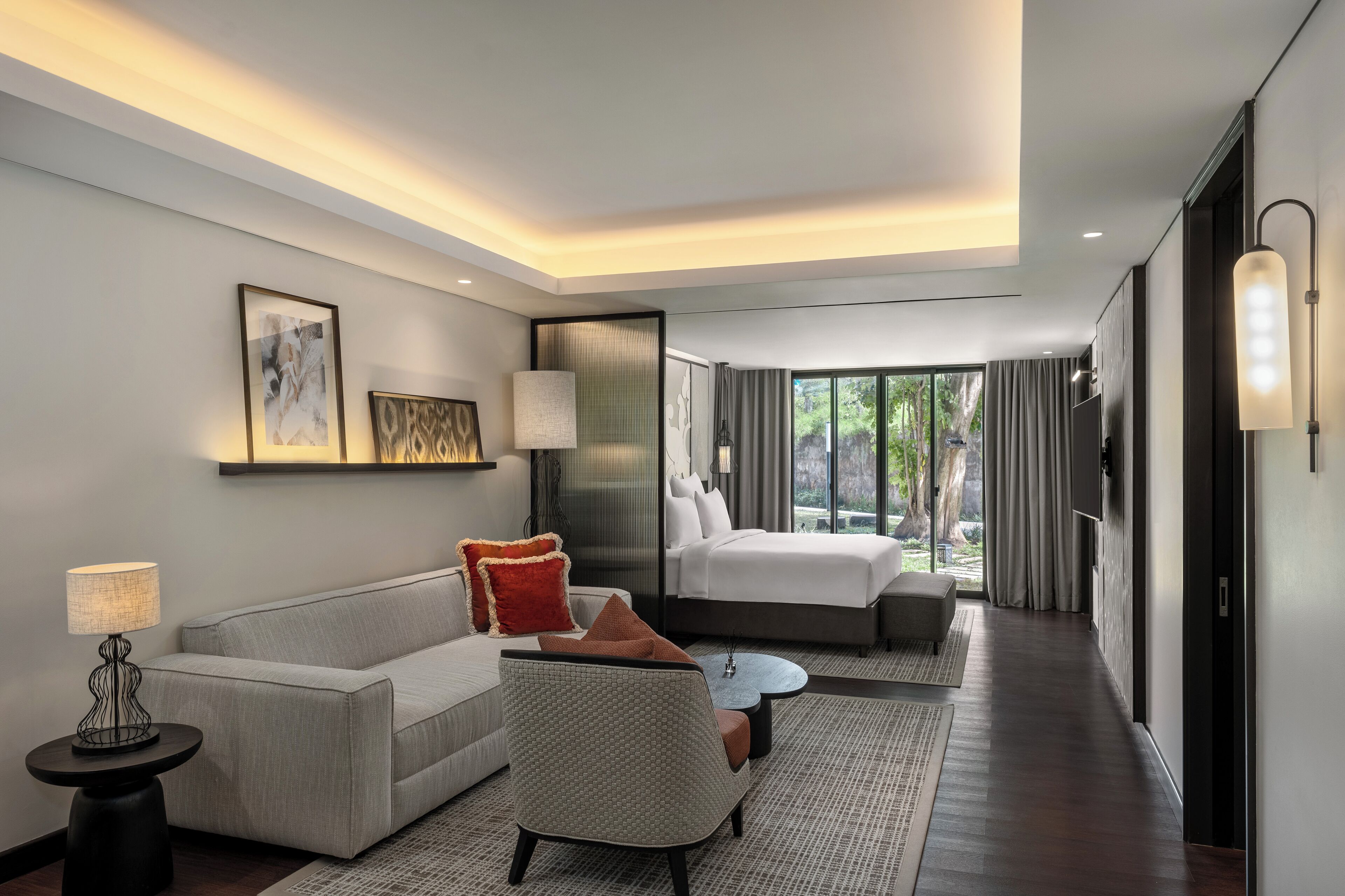 family room, 1 king bed with sofa bed, garden view (exclusive) | living area | 55-inch smart tv with cable channels, ping pong