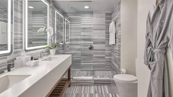 Designer toiletries, hair dryer, bathrobes, towels