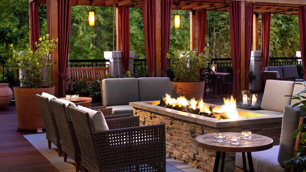 An outdoor patio with wicker furniture, a stone fire pit, and potted plants.