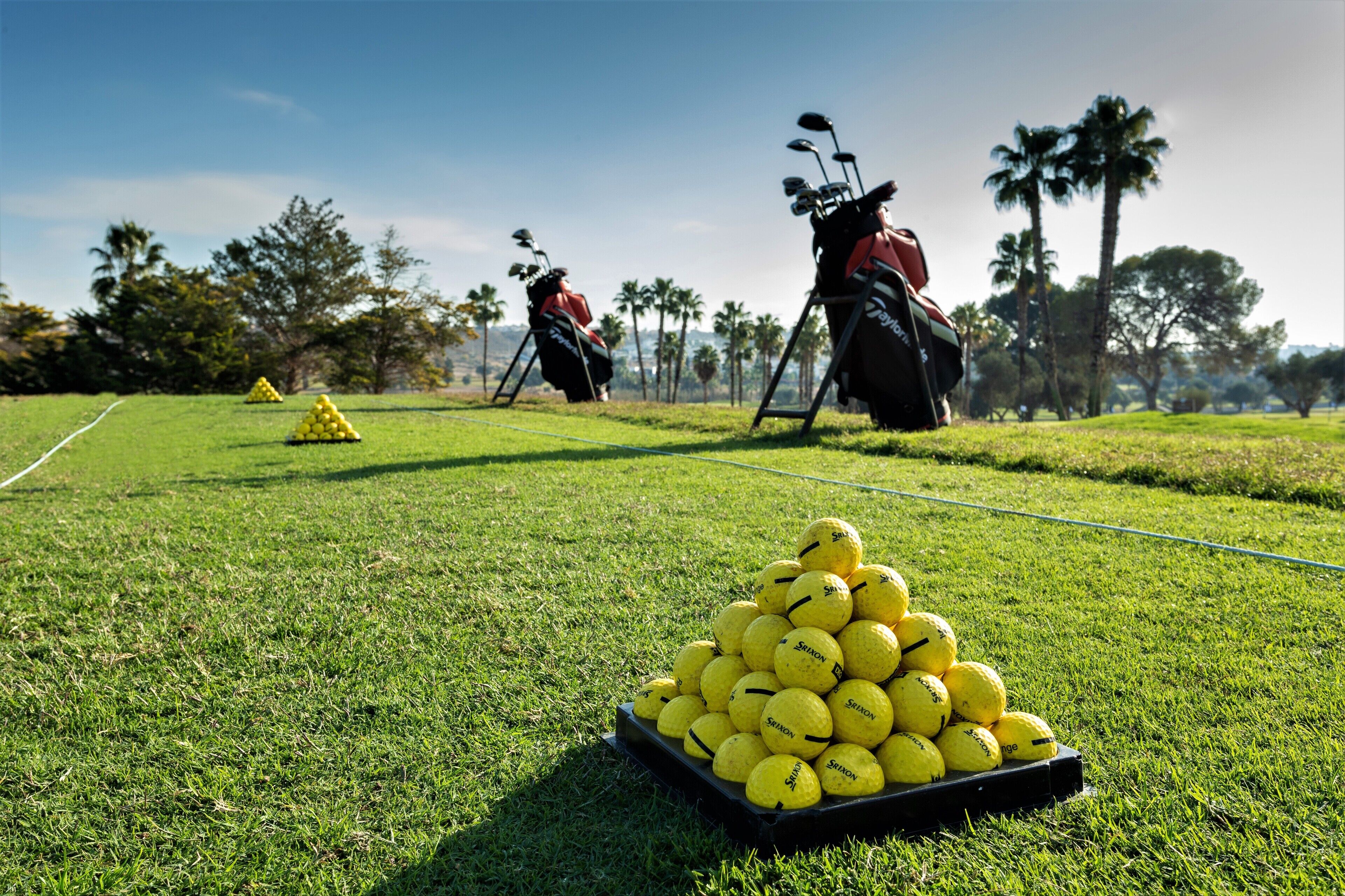 Un campo de golf con un montón de pelotas en primer plano y bolsas de golf al fondo.