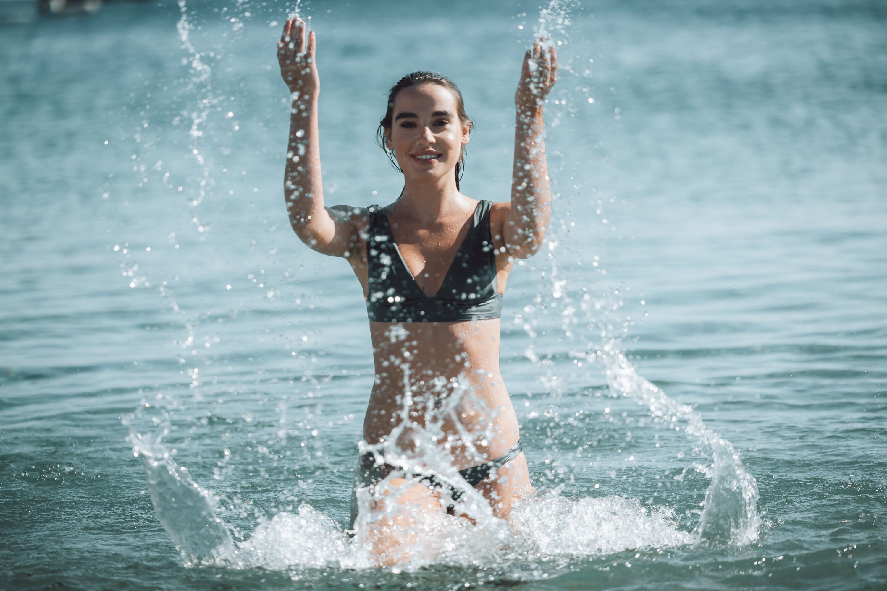 on the beach, sun-loungers, beach umbrellas, beach towels