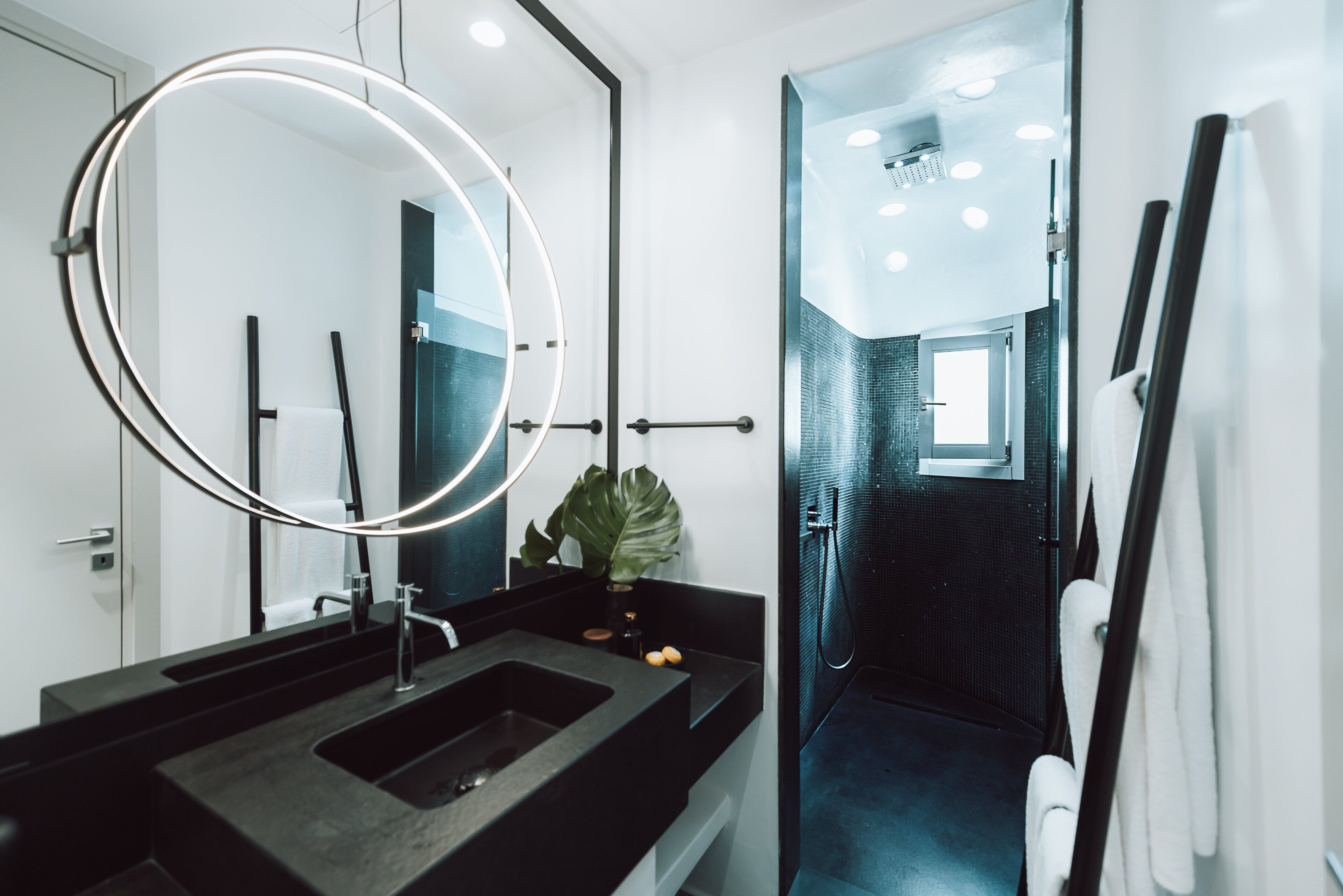 A modern bathroom with a large mirror, a round mirror, a black countertop, a plant, and a shower area.