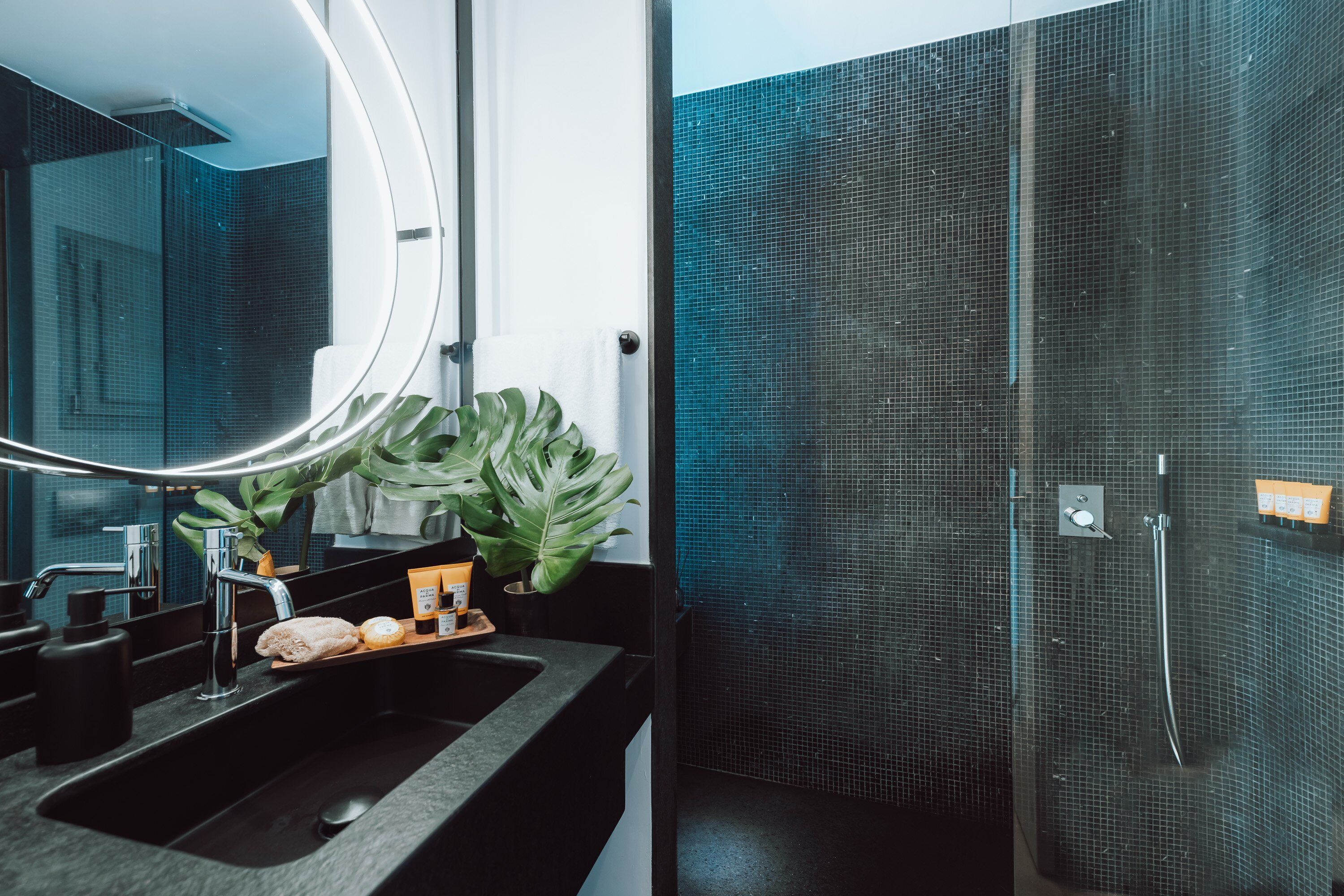 shower, rainfall showerhead, designer toiletries, hair dryer