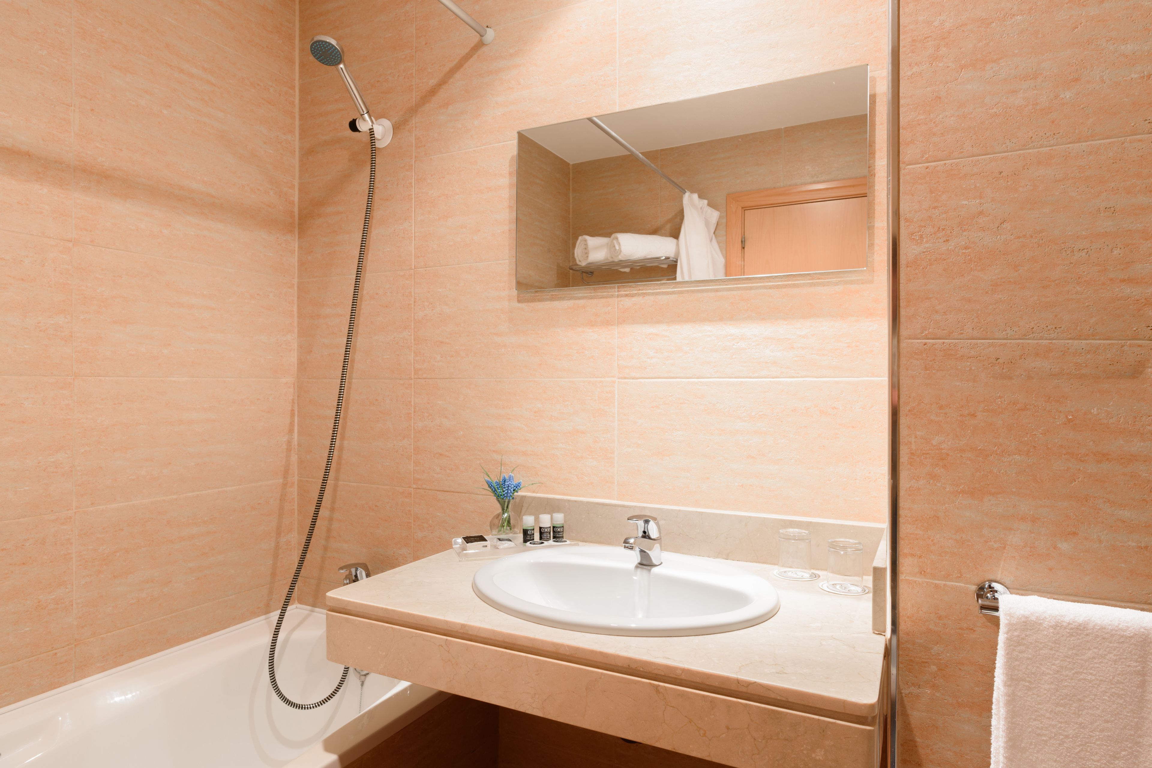 A bathroom with a bathtub, a sink, a mirror, and a shower head.