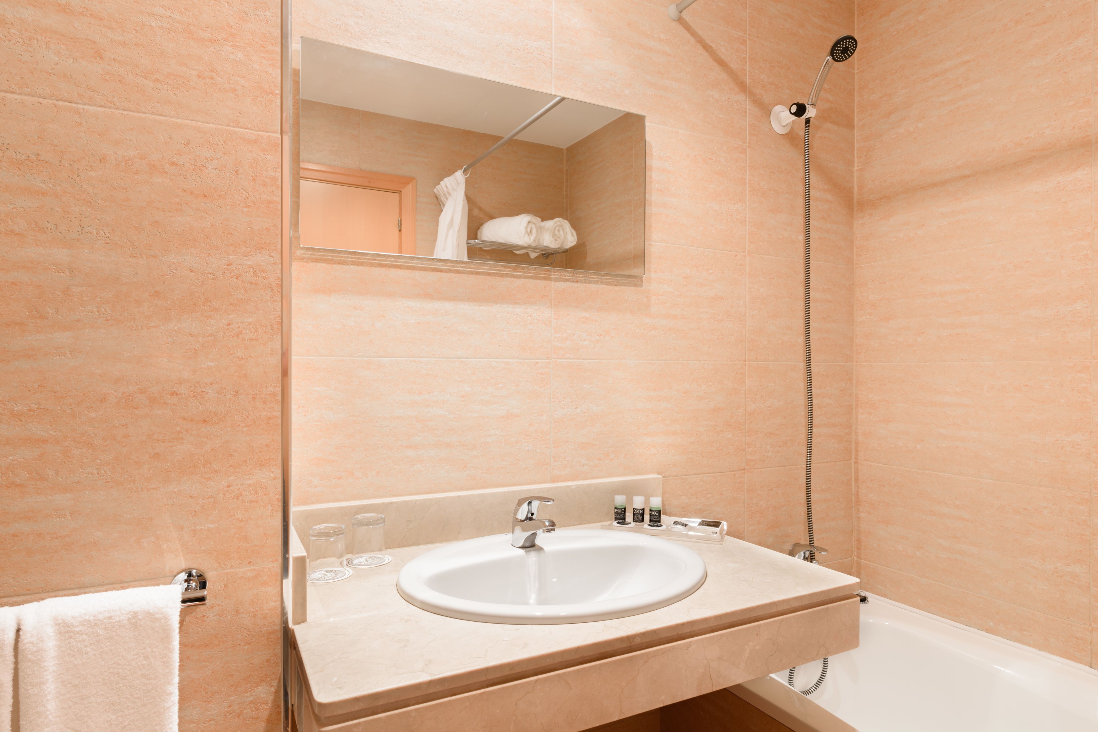 Une salle de bain avec un lavabo, un miroir et une douche.