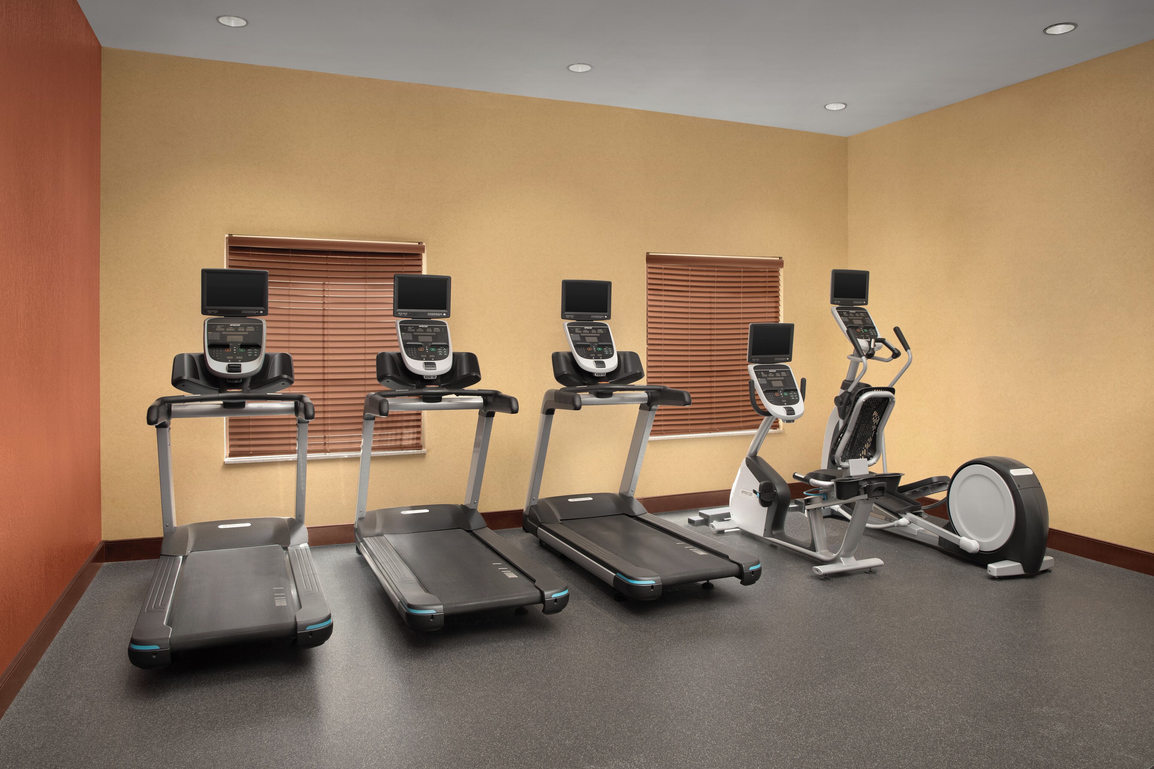 A fitness room with treadmills, a stationary bike, and a rowing machine.