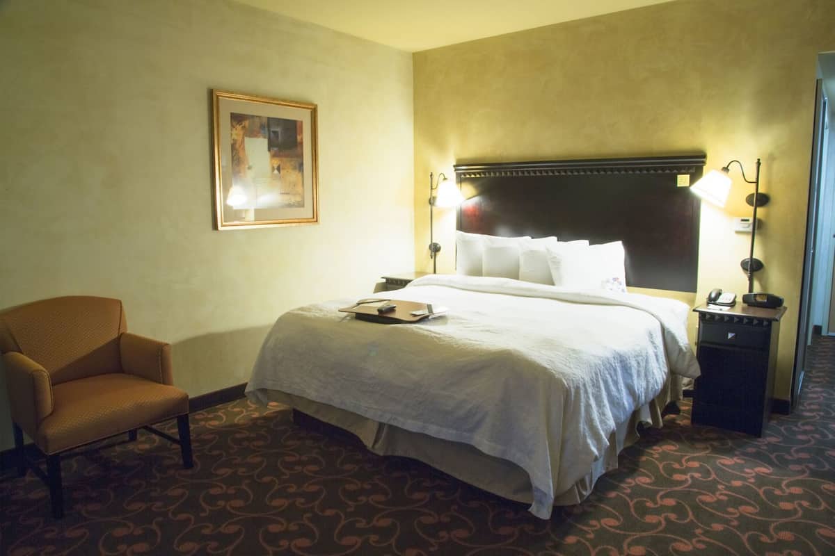 Une chambre d’hôtel avec un lit, une chaise, une table de chevet, une lampe et un tableau encadré au mur.