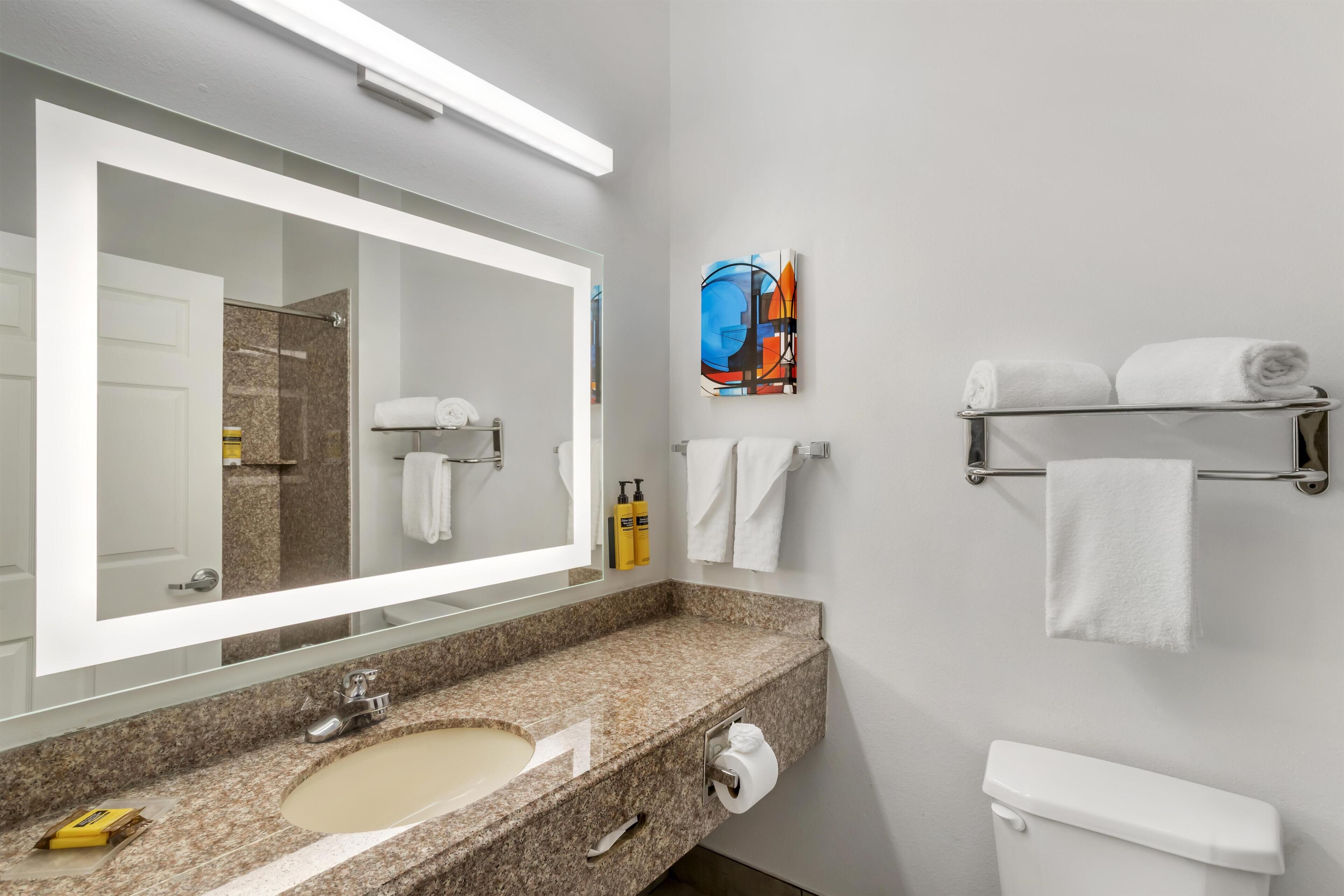 Un baño moderno con un lavamanos de granito, un espejo grande, un inodoro y un perchero para toallas.