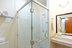 Executive tweepersoonskamer | Badkamer | Een douche, een regendouche, gratis toiletartikelen, een haardroger
