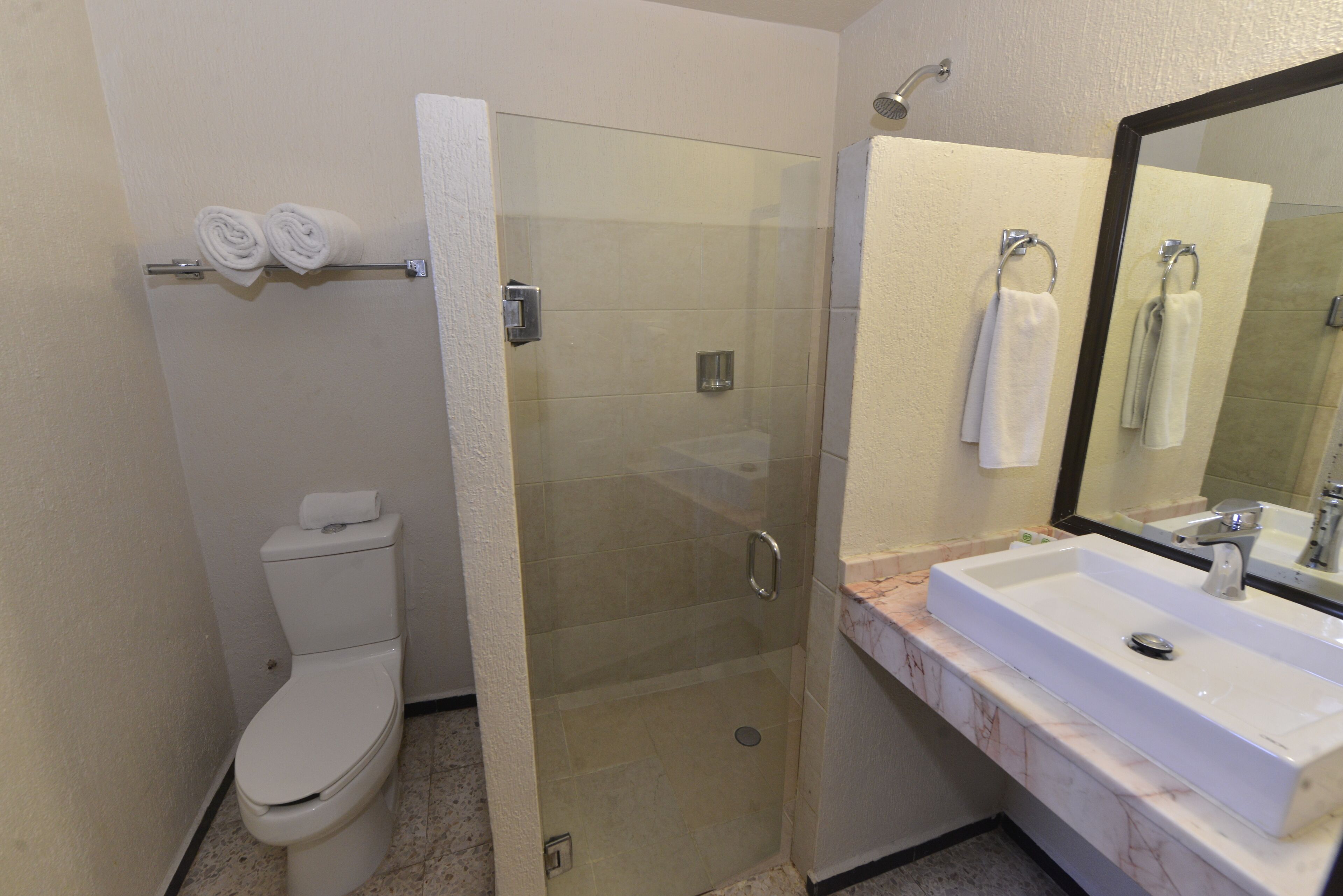 A bathroom with a toilet, a glass-enclosed shower, and a sink with a mirror.