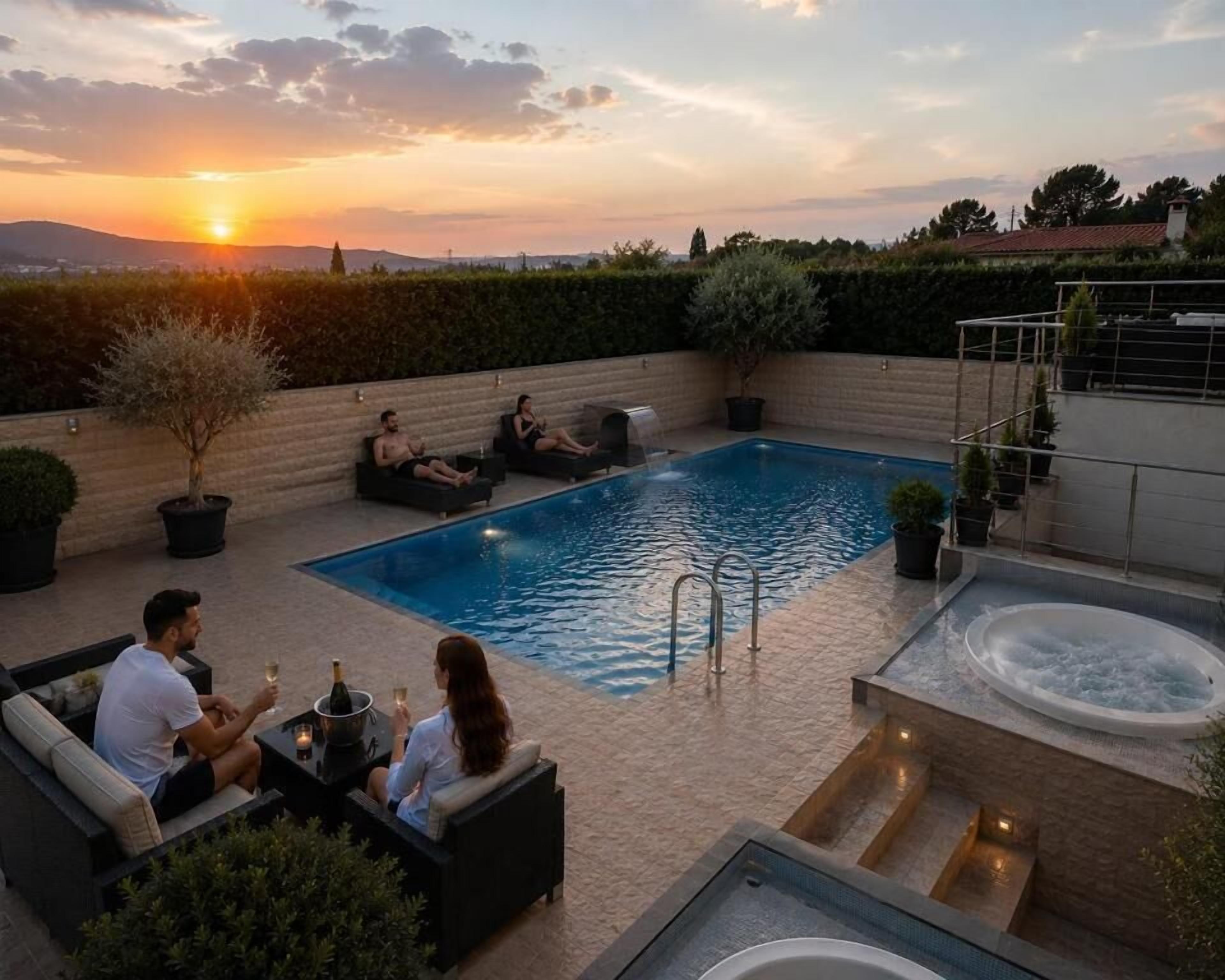 Indoor pool, seasonal outdoor pool, pool umbrellas