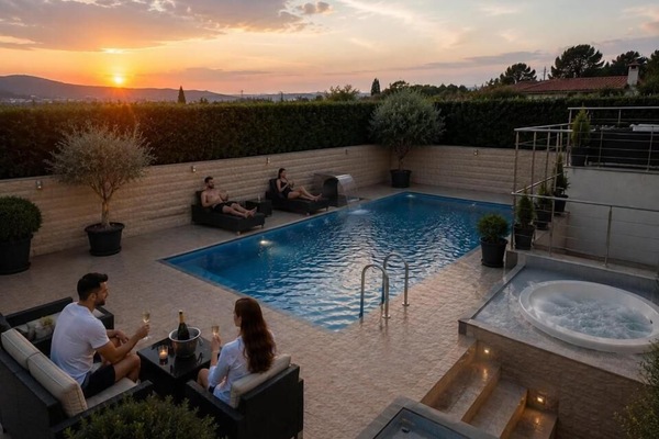 Indoor pool, seasonal outdoor pool, pool umbrellas