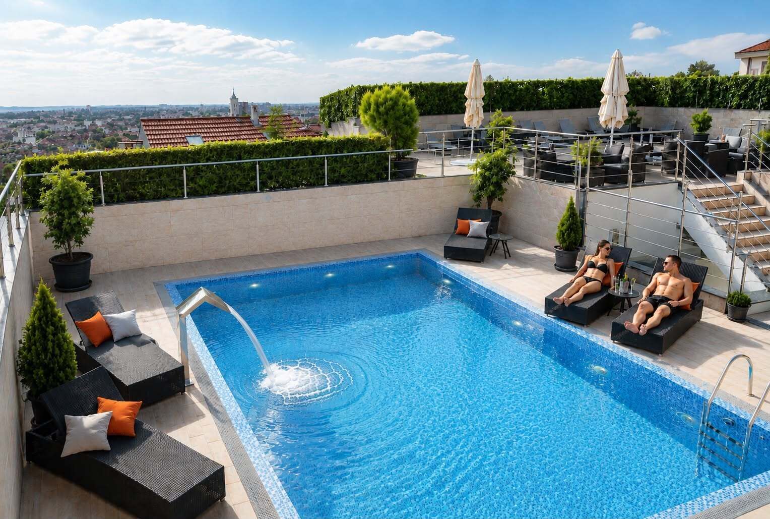 A rooftop pool with a clear view of the cityscape, surrounded by lounge chairs and potted plants.