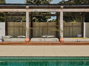 Outdoor pool, pool umbrellas, pool loungers