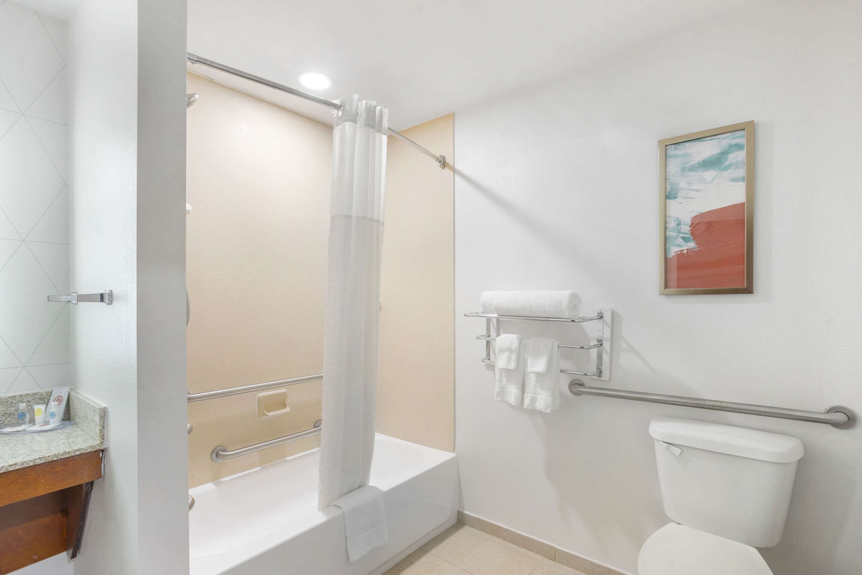 A bathroom with a bathtub, a toilet, a shower with a curtain, and a towel rack.