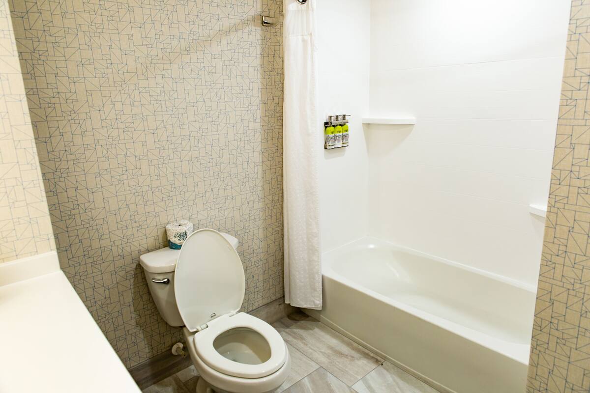 A bathroom with a toilet, a shower, and a bathtub.