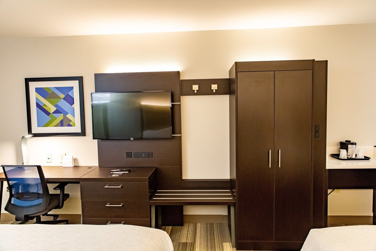 Habitación de hotel con cama, escritorio y silla, televisor, armario y un cuadro en la pared.