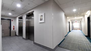 Un couloir avec des ascenseurs, un extincteur et un tableau encadré accroché au mur.