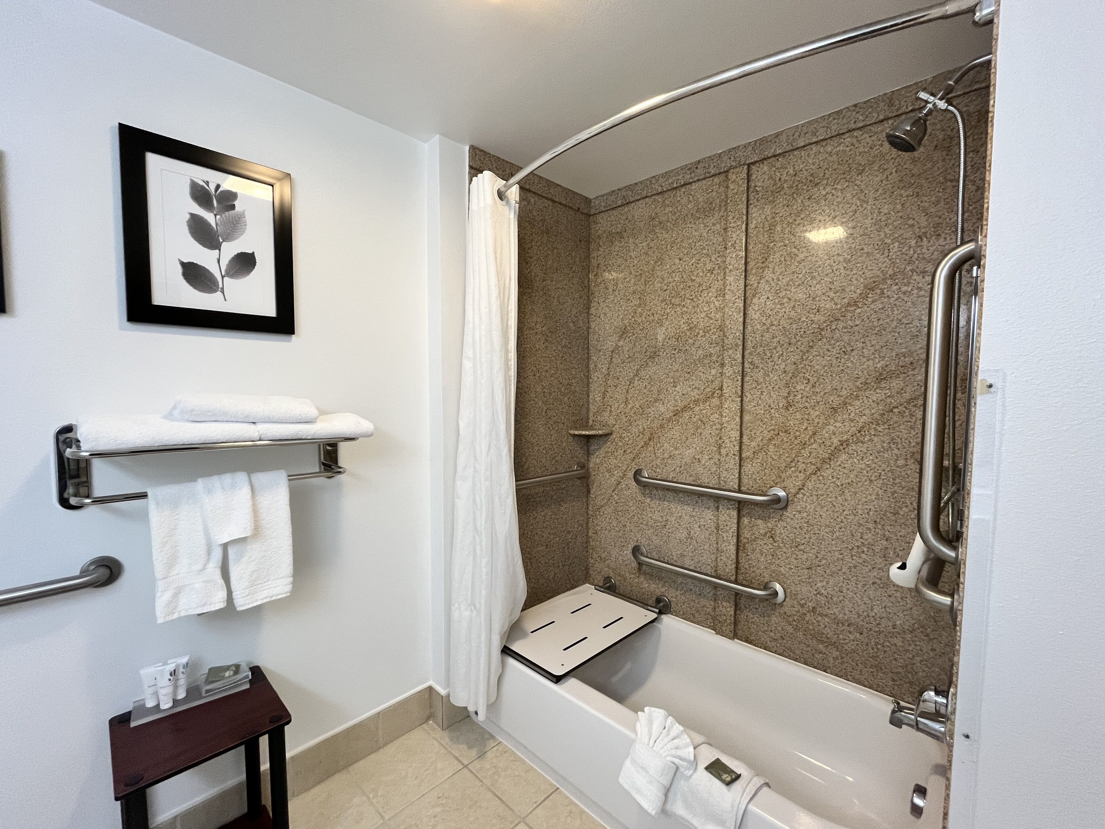 Combined shower/bathtub, rainfall showerhead, free toiletries