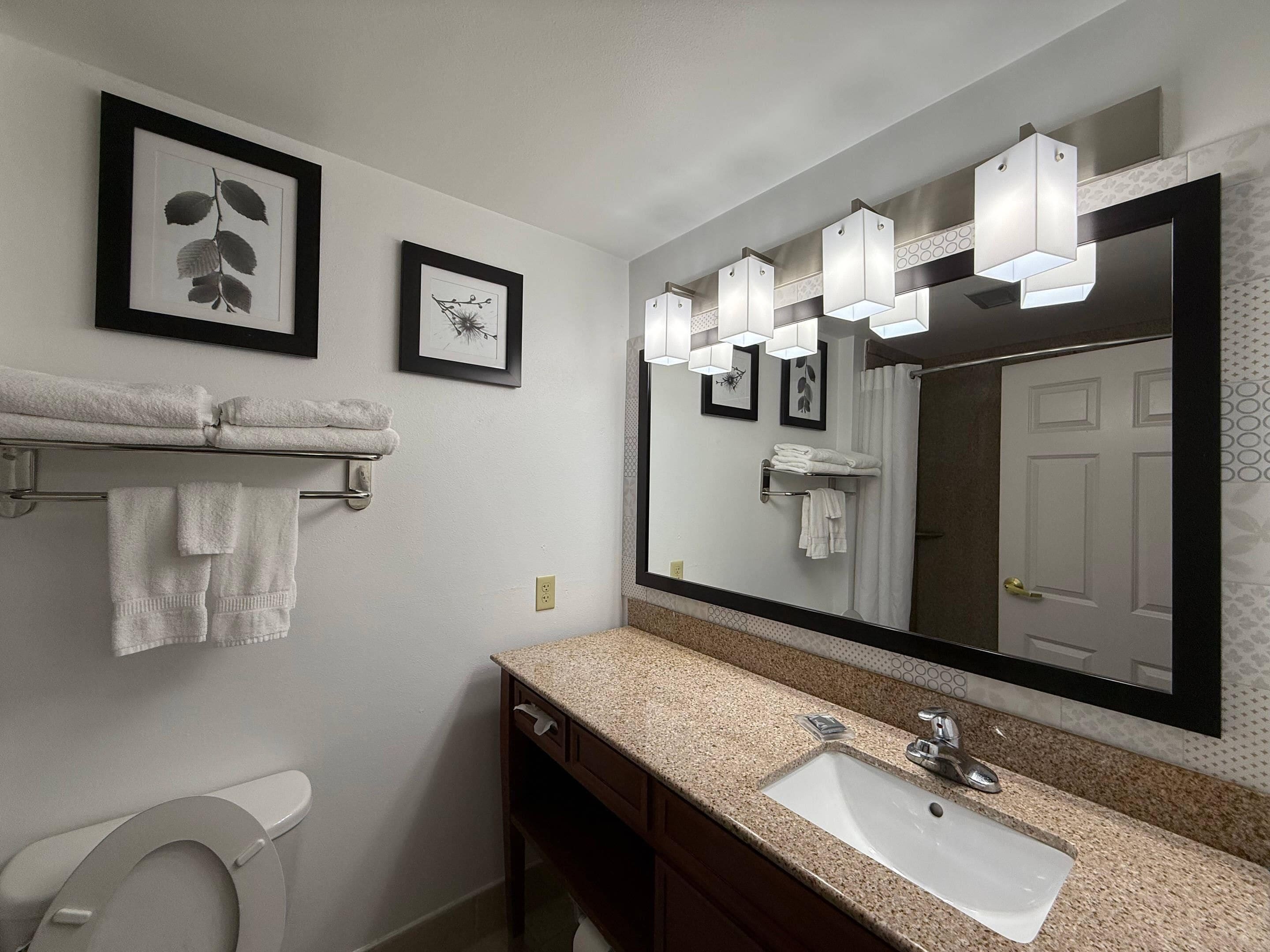 A bathroom with a white toilet, a sink with a granite countertop, and a large mirror with multiple light fixtures.