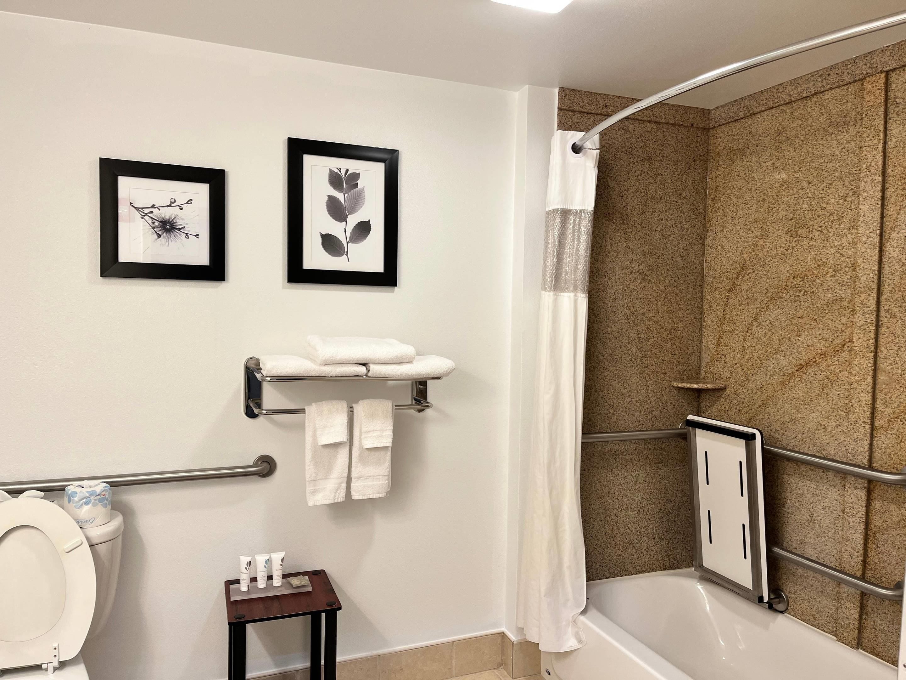 A modern bathroom with a shower, toilet, and sink. There are two framed botanical prints on the wall, a towel rack with towels, and a small table with toiletries.