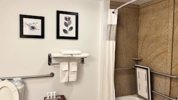 Une salle de bain moderne équipée d’une douche, de toilettes et d’un lavabo. Deux reproductions botaniques encadrées ornent le mur, ainsi qu’un porte-serviettes avec des serviettes et une petite table sur laquelle sont posés des articles de toilette.