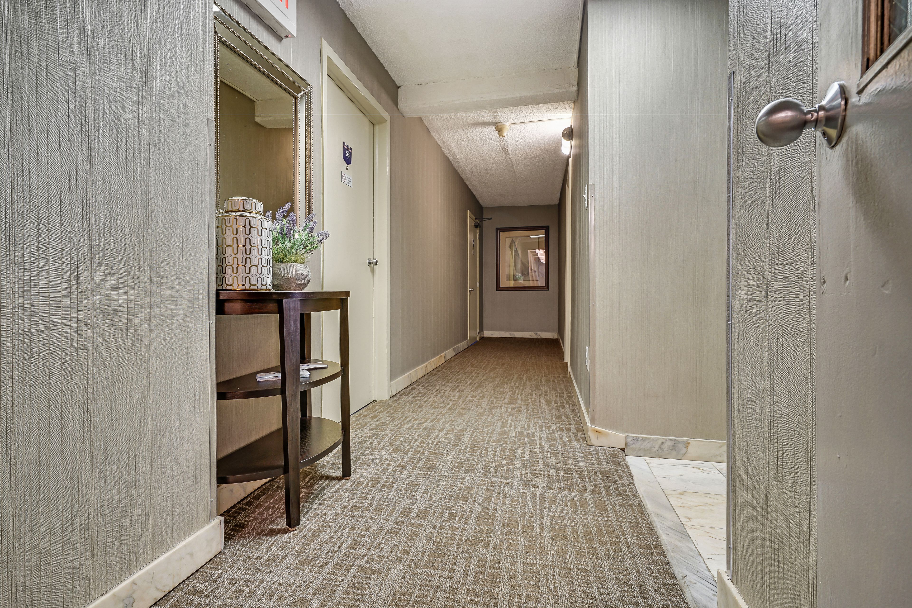 A narrow hallway with patterned carpet, a wooden shelf with decorative items, and a door with a silver handle.