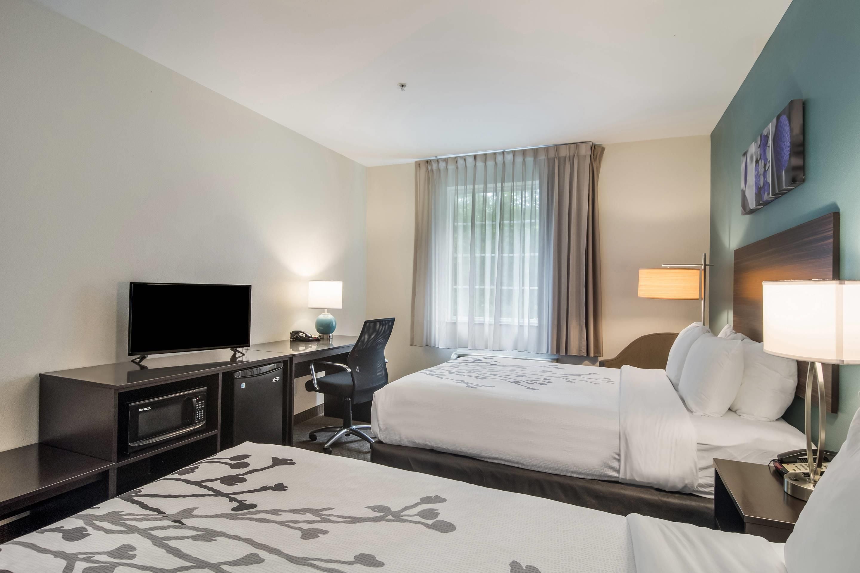 A hotel room with two beds, a desk with a flat-screen TV, a chair, and a desk lamp.